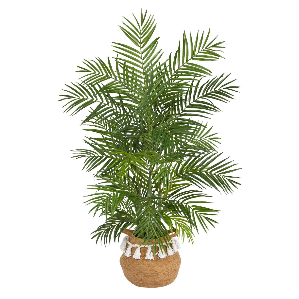 Areca 4' Artificial Palm in Boho Chic Handmade Natural Cotton Woven Planter with Tassels from Nearly Natural