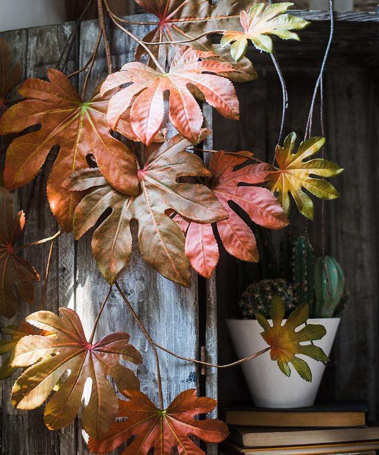 Artificial Fatsia Leaf in Autumn Red 32" Tall Faux From Rustic Reach