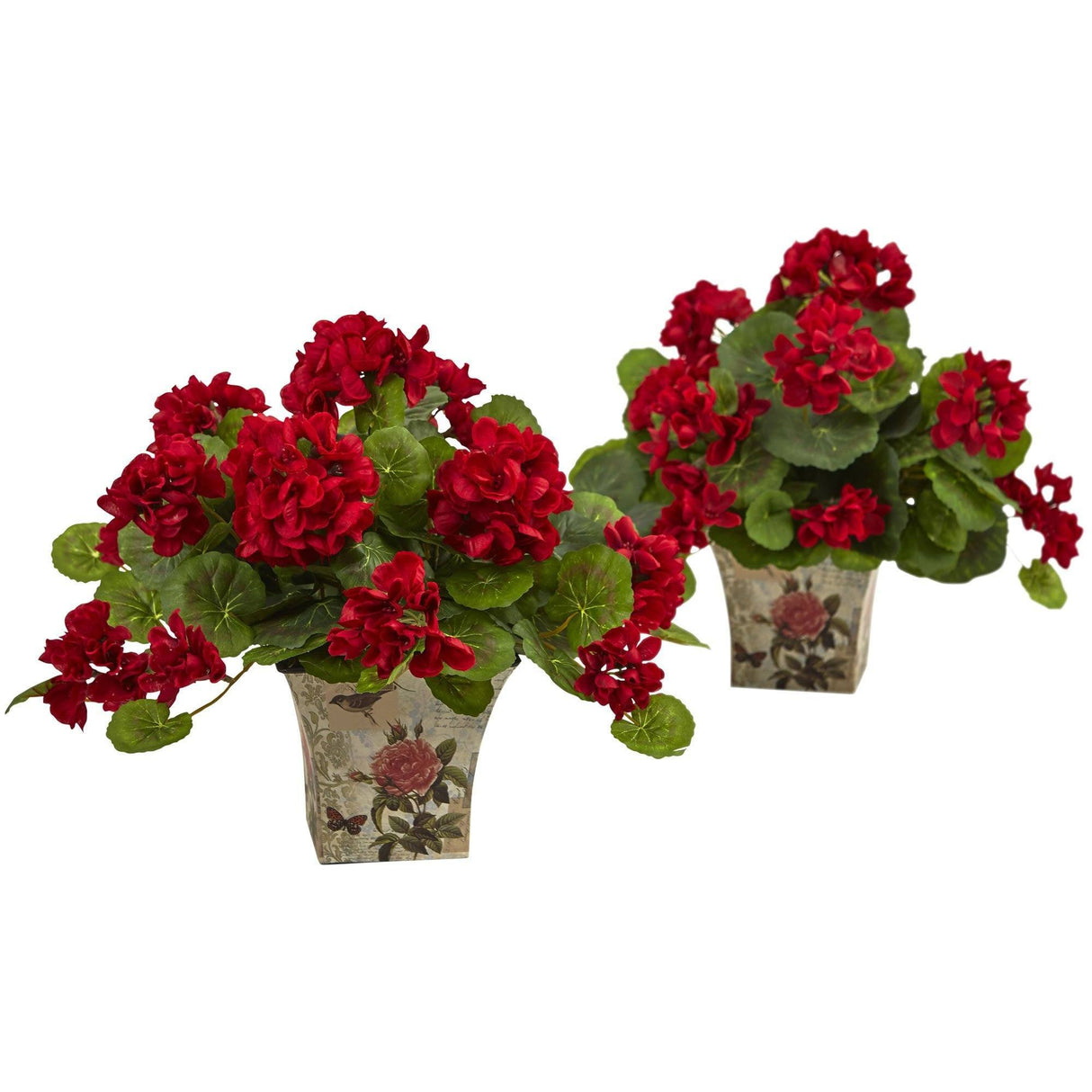 Geranium Flowering Silk Plant with Floral Planter (Set of 2) from Nearly Natural