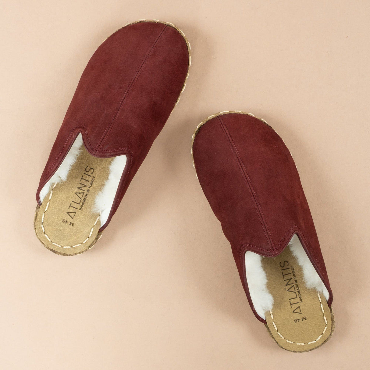 Men's Burgundy Barefoot Shearlings from Atlantis Handmade Shoes