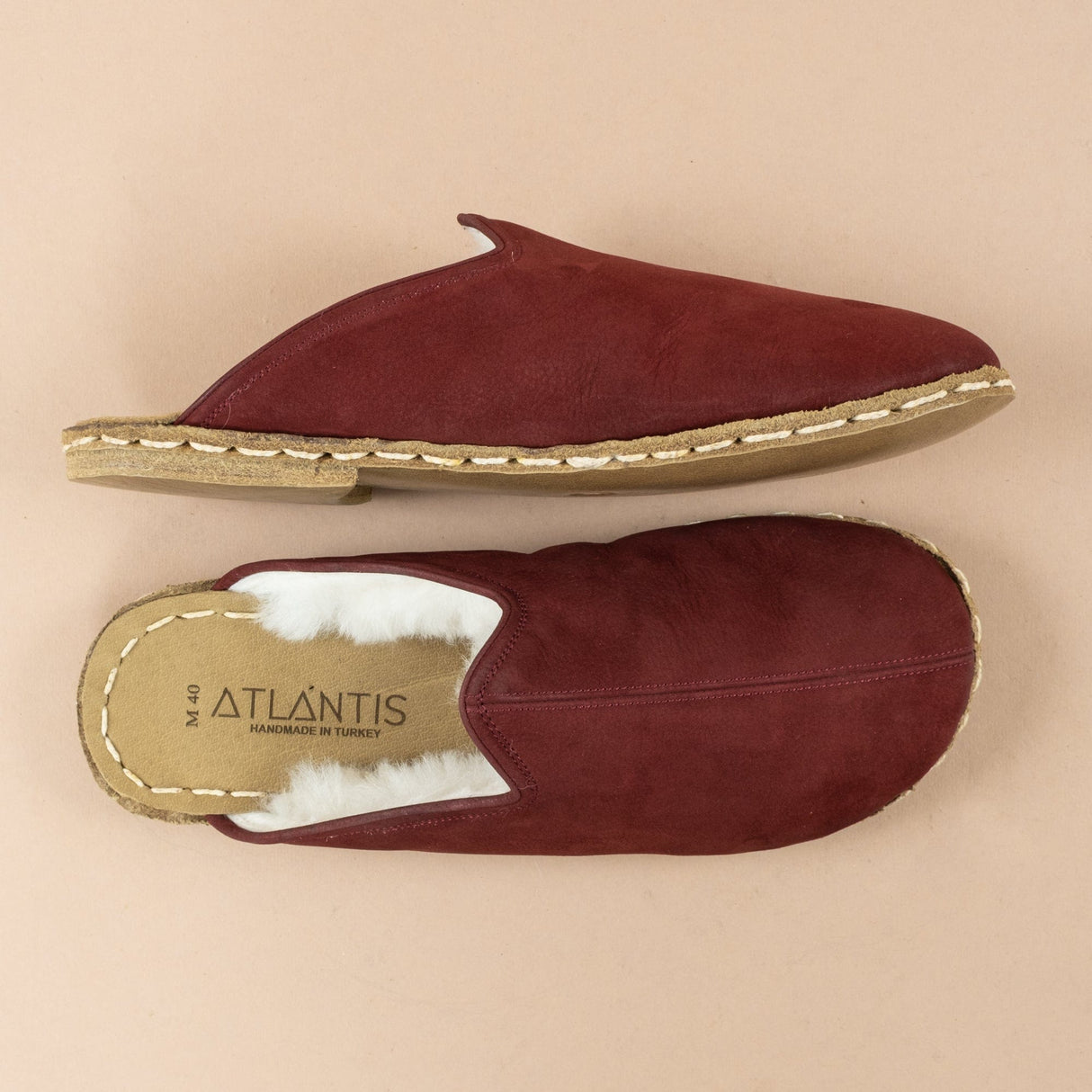 Women's Burgundy Barefoot Shearlings from Atlantis Handmade Shoes