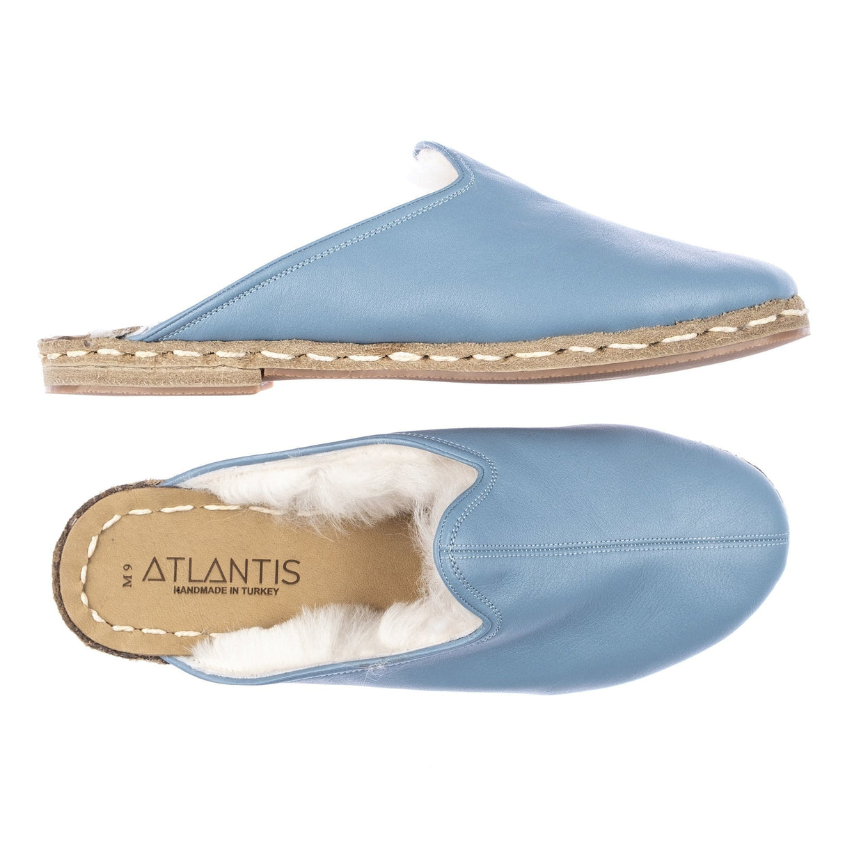 Men's Ice Blue Shearling Slippers from Atlantis Handmade Shoes