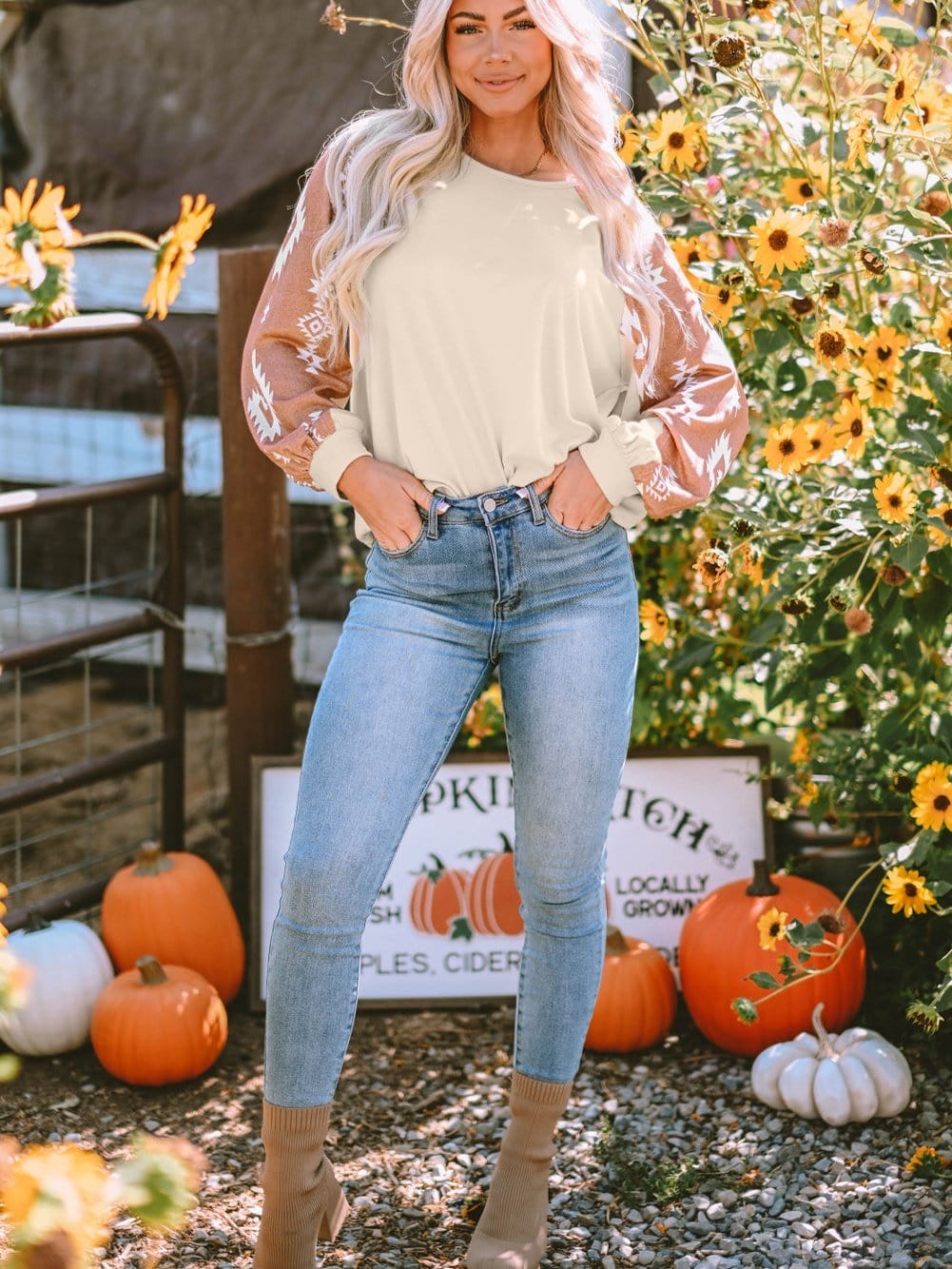 Aztec Patchwork Sleeve Apricot Western Top from MsDressly