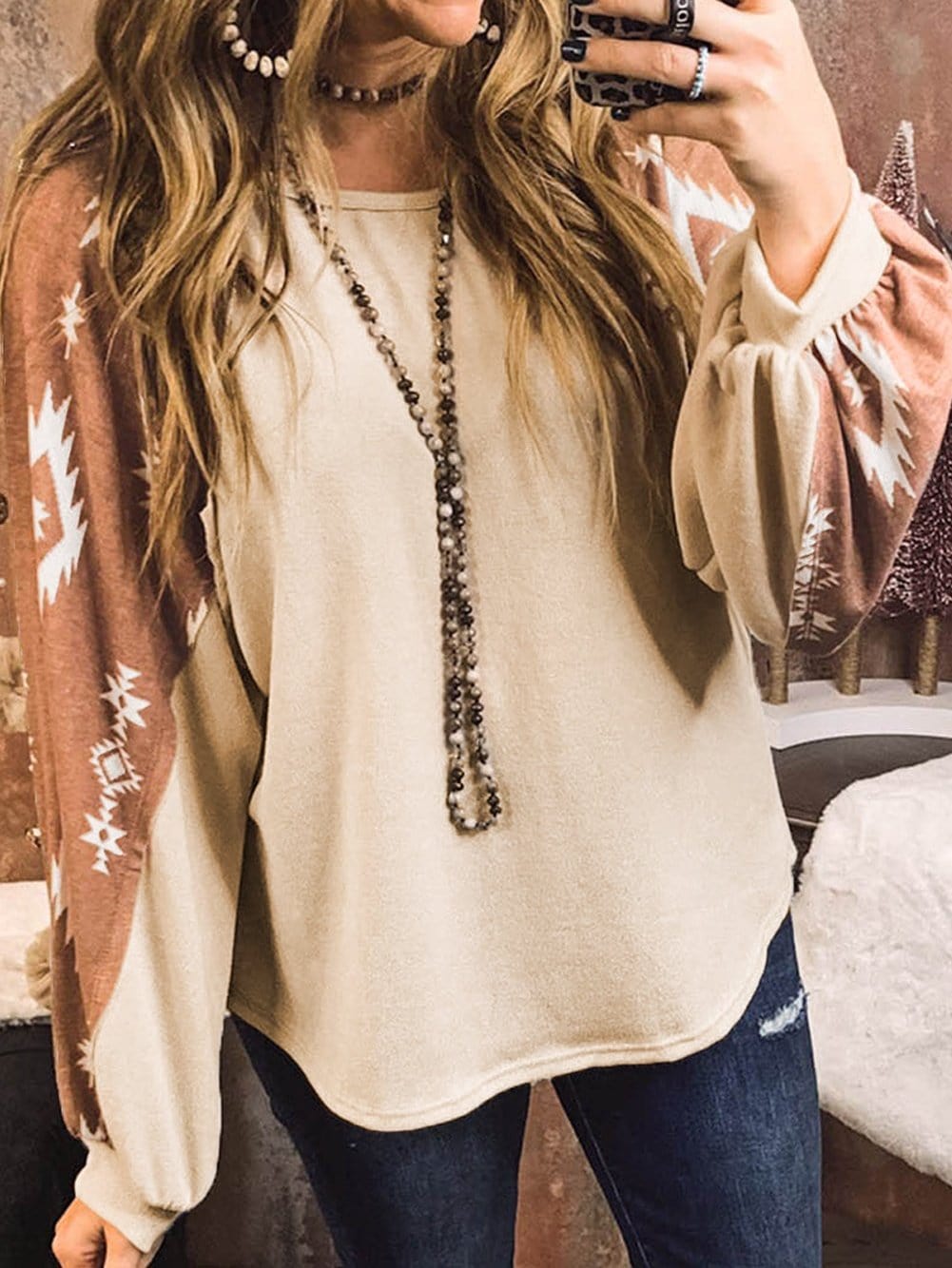 Aztec Patchwork Sleeve Apricot Western Top from MsDressly