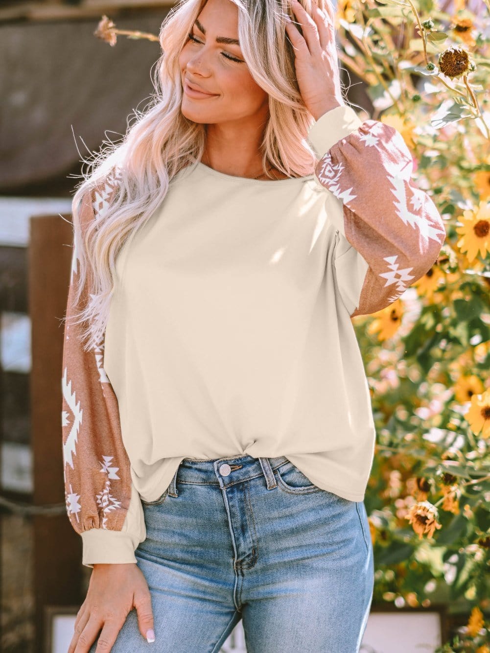 Aztec Patchwork Sleeve Apricot Western Top from MsDressly