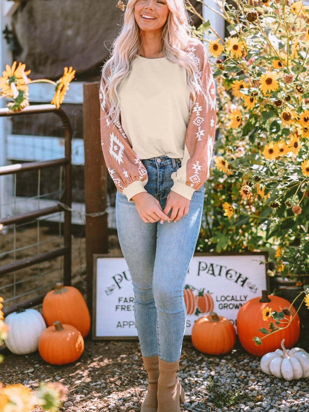 Aztec Patchwork Sleeve Apricot Western Top from MsDressly