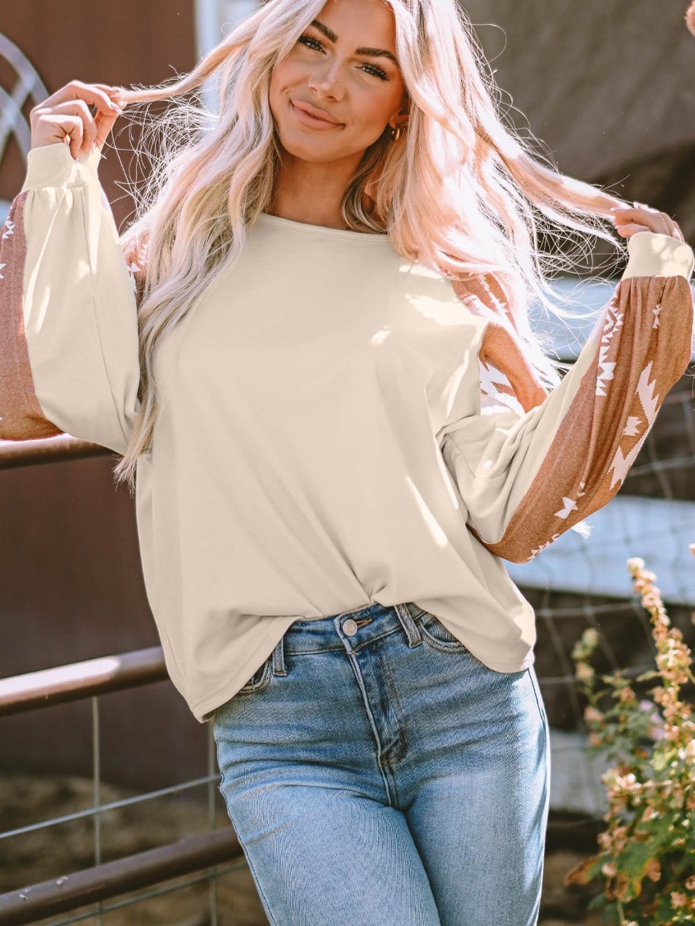 Aztec Patchwork Sleeve Apricot Western Top from MsDressly
