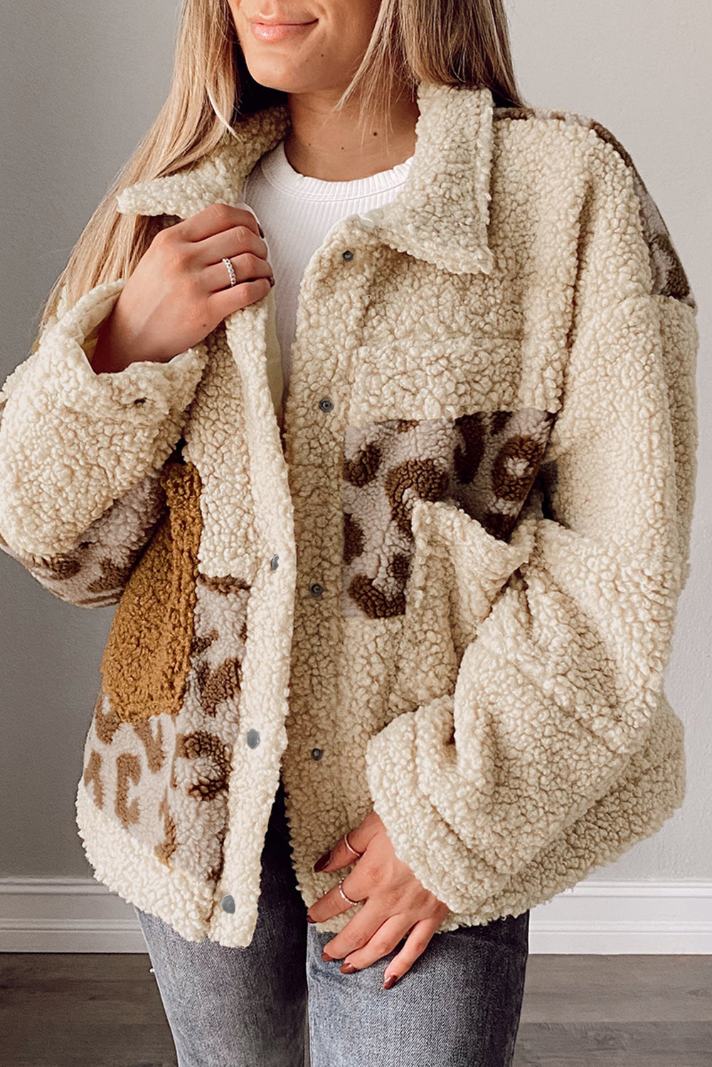 Beige Leopard Patchwork Snap Buttons Sherpa Jacket from MsDressly