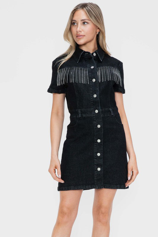 bytos Full Size Embellished Button Down Short Sleeve Denim Dress from Enfance-Heureuse