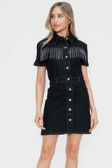 bytos Full Size Embellished Button Down Short Sleeve Denim Dress from Enfance-Heureuse