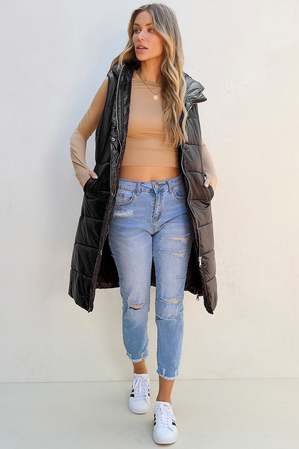 Black Hooded Long Quilted Vest Coat From MsDressly