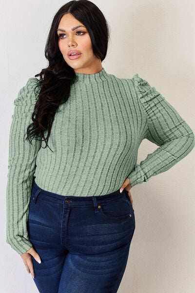 Basic Bae Full Size Ribbed Mock Neck Puff Sleeve T-Shirt from Enfance-Heureuse