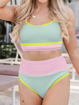 Beau Blue Textured Color Block High Waisted Bikini Ensemble from MsDressly
