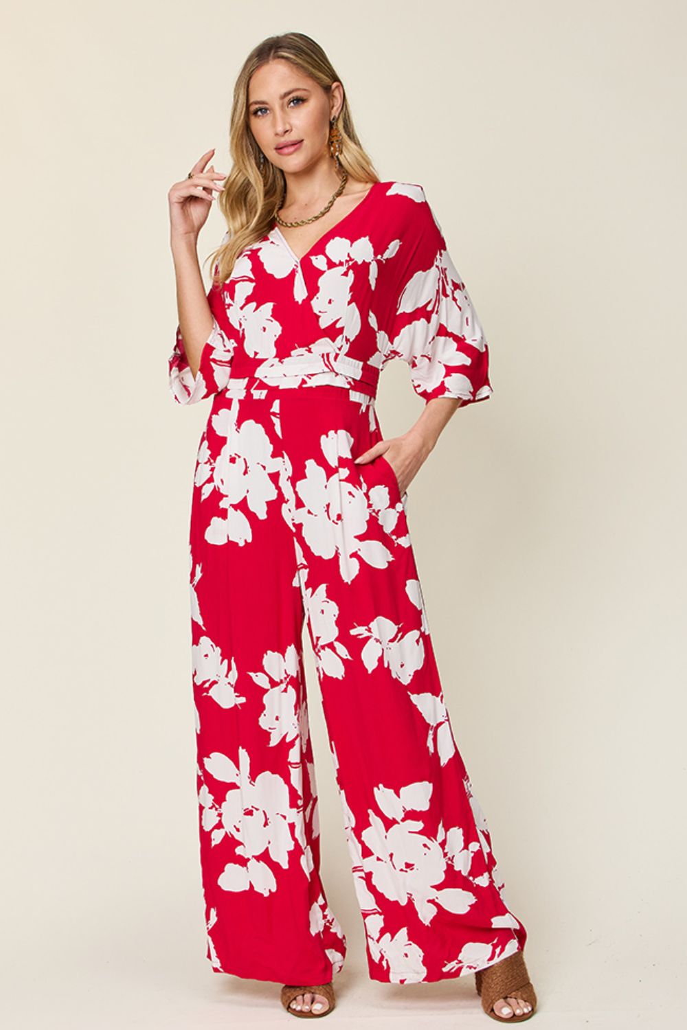 Double Take Full Size Printed Tie Back Wide Leg Jumpsuit from Enfance-Heureuse