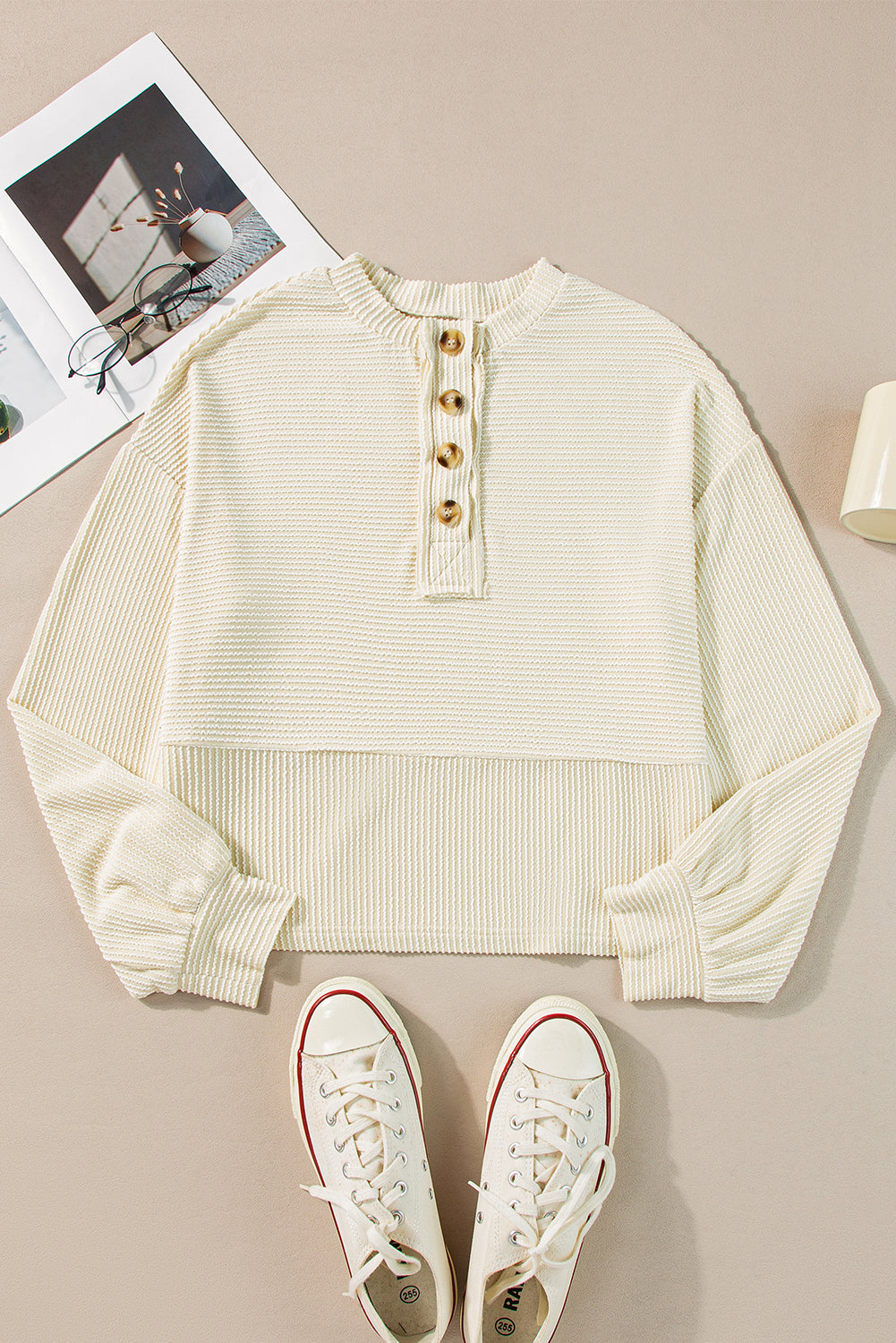 Apricot Corded Texture Lantern Sleeve Buttons Henley Sweatsuit from MsDressly