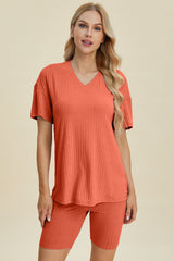 Basic Bae Full Size Ribbed V-Neck Short Sleeve Top and Shorts Set from Enfance-Heureuse