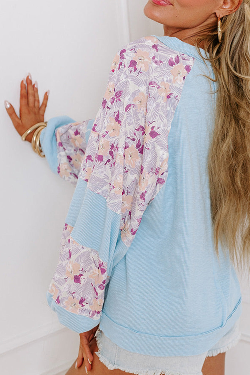 Beau Blue Textured Floral Patchwork Balloon Sleeve Blouse from MsDressly