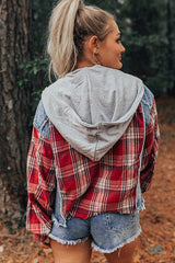 Beau Blue Plaid Print Patchwork Hooded Raw Hem Denim Jacket from MsDressly