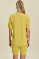 Basic Bae Full Size Ribbed V-Neck Short Sleeve Top and Shorts Set from Enfance-Heureuse