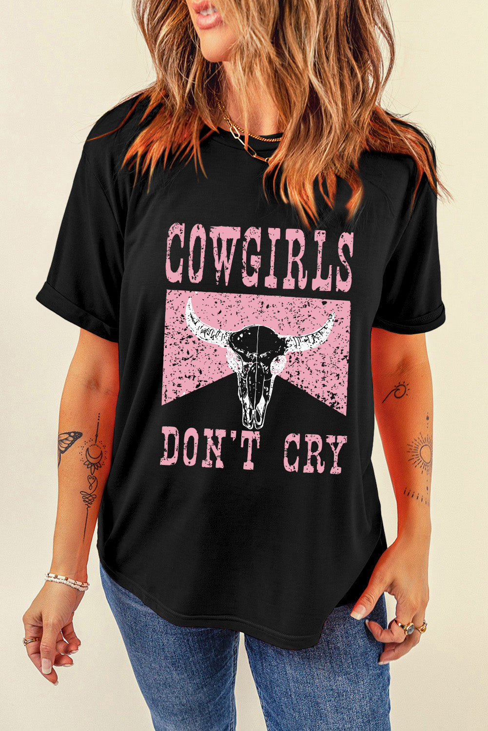 Black COWGIRL DONT CRY Steer Head Print Short Sleeve Top from MsDressly