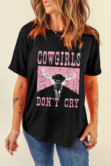 Black COWGIRL DONT CRY Steer Head Print Short Sleeve Top from MsDressly