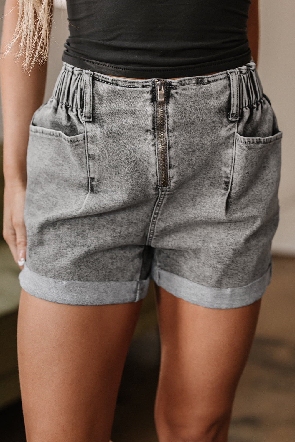 Blaire Zipped Light Wash Cuffed Edge Denim Shorts from Threaded Pear