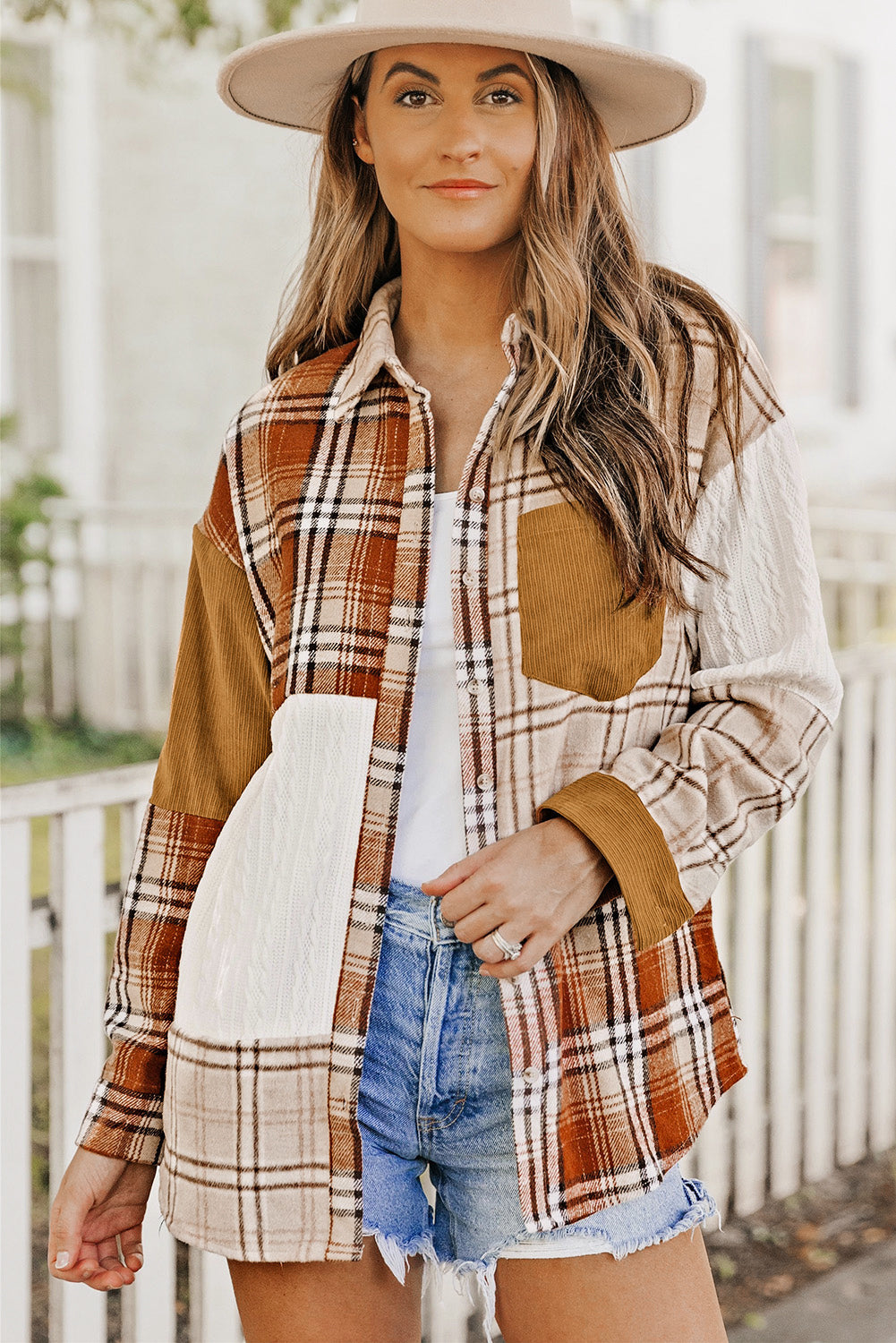 Sutton Plaid Color Block Patchwork Shirt Jacket with Pocket from Threaded Pear