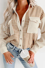 Beige Corduroy Shirt Jacket with Houndstooth Panel from MsDressly