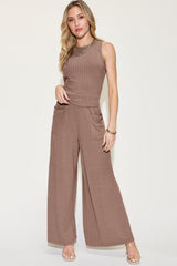 Basic Bae Full Size Ribbed Tank and Wide Leg Pants Set from Enfance-Heureuse