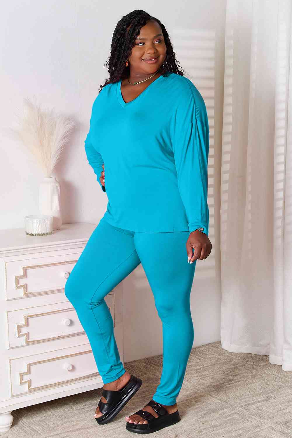 Basic Bae Full Size V-Neck Soft Rayon Long Sleeve Top and Pants Lounge Set from Enfance-Heureuse