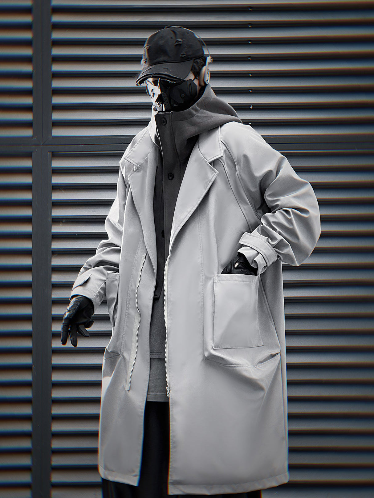 J36 Grey Urban Trench Coat with Hoodie from Niepce Inc