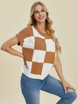 Double Take Full Size Checkered Round Neck Short Sleeve Sweater from Enfance-Heureuse