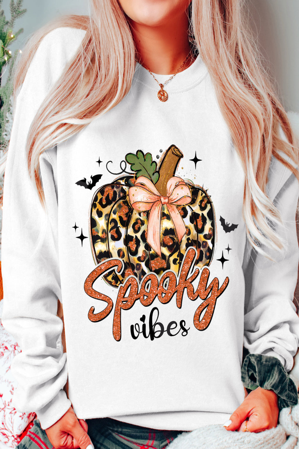 Beige Spooky Leopard Pumpkin Print Crew Neck Sweatshirt from MsDressly