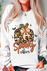 Beige Spooky Leopard Pumpkin Print Crew Neck Sweatshirt from MsDressly