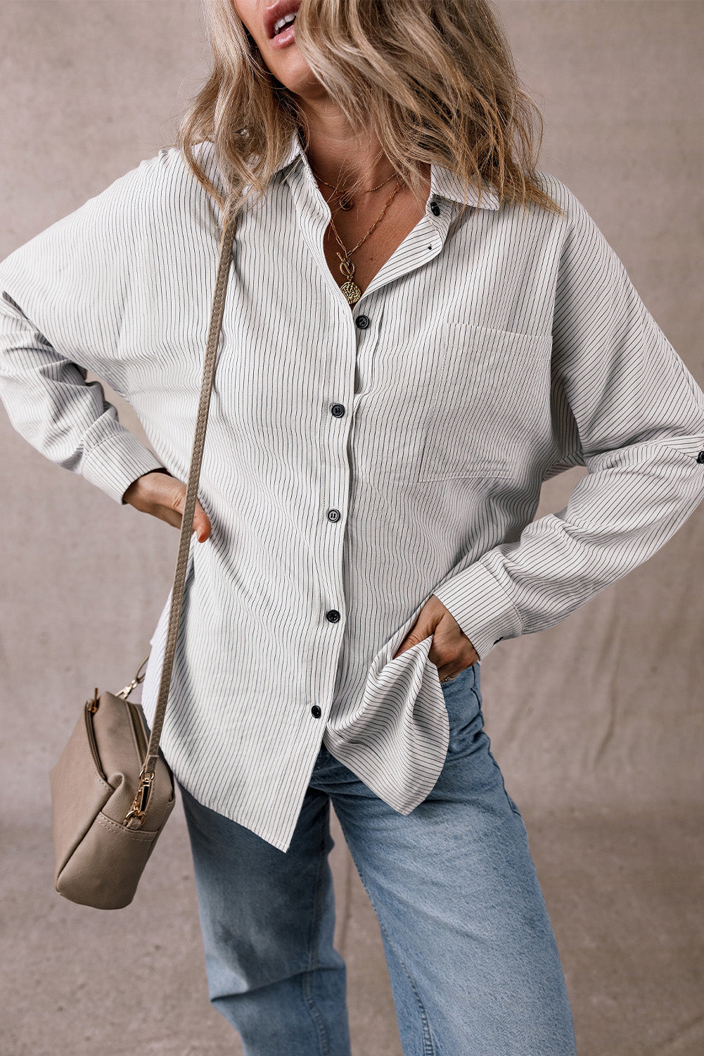 Black Stripe Roll-tab Sleeve Pocketed Long Shirt from MsDressly