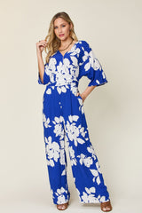 Double Take Full Size Printed Tie Back Wide Leg Jumpsuit from Enfance-Heureuse