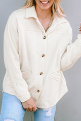 Beige Button-Up Stitching Pocket Raw Hem Shacket from MsDressly