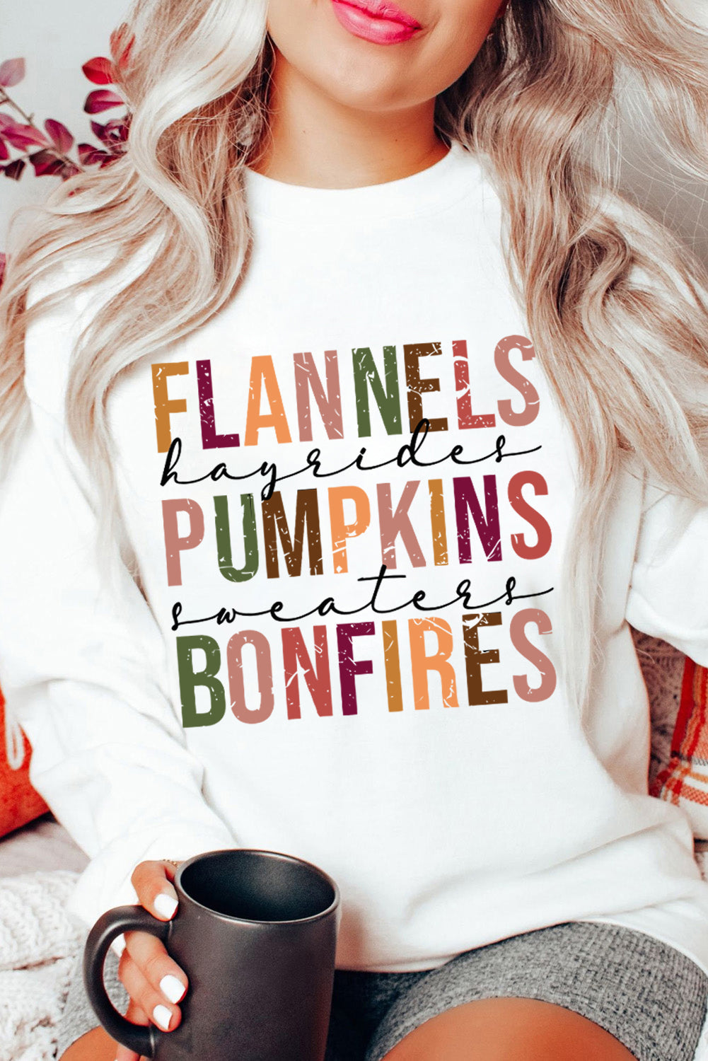 Beige FLANNELS PUMPKINS BONFIRES Graphic Drop Shoulder Sweatshirt from MsDressly