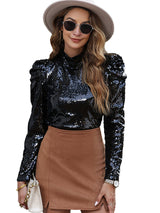 Black Puff Sleeve Sequin Blouse from MsDressly