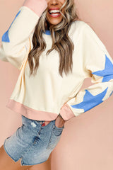 Beige Star Patchwork Exposed Seam Oversized Sweatshirt from MsDressly