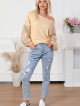 Apricot Sequin Patchwork Waffle Knit Open Back Top with Long Sleeves from MsDressly