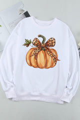 Beige Leopard Bowknot Pumpkin Graphic Crewneck Sweatshirt from MsDressly