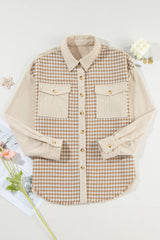 Beige Corduroy Shirt Jacket with Houndstooth Panel from MsDressly
