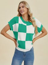 Double Take Full Size Checkered Round Neck Short Sleeve Sweater from Enfance-Heureuse