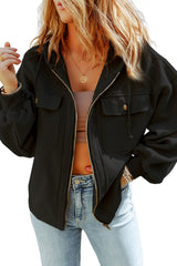 Black Flap Pocket Drawstring Hood Zip Up Jacket from MsDressly
