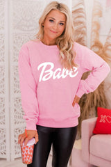 Babe Print Pink Ribbed Knit Trim Sweater from MsDressly