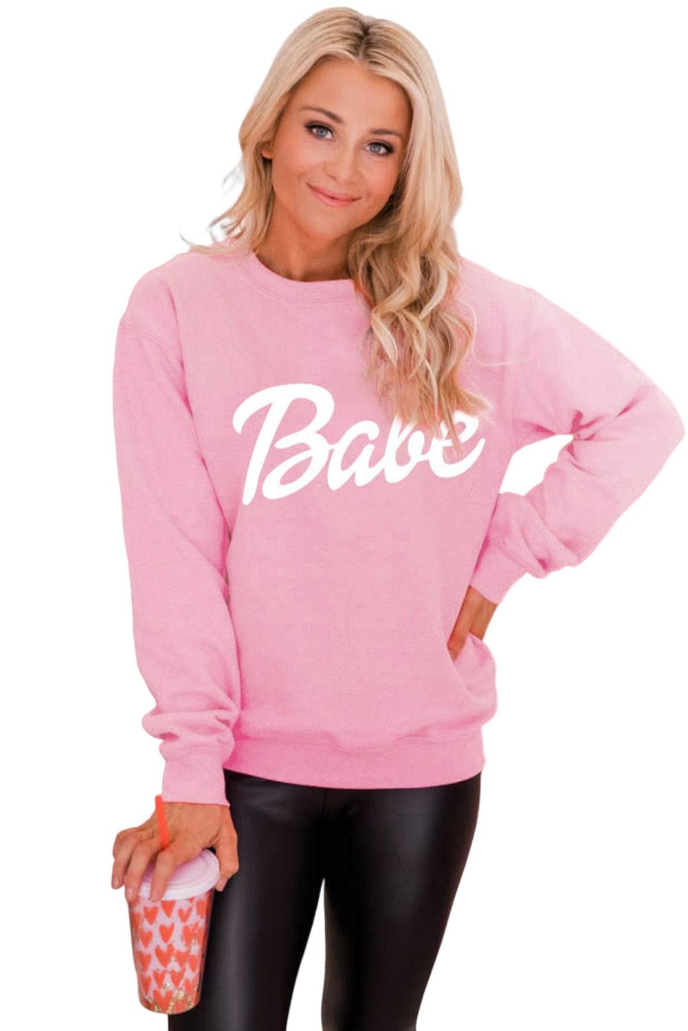 Babe Print Pink Ribbed Knit Trim Sweater from MsDressly