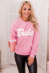 Babe Print Pink Ribbed Knit Trim Sweater from MsDressly