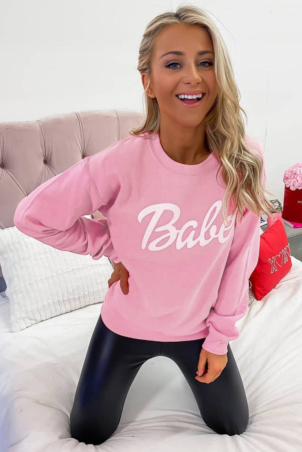 Babe Print Pink Ribbed Knit Trim Sweater from MsDressly