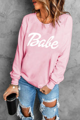 Babe Print Pink Ribbed Knit Trim Sweater from MsDressly